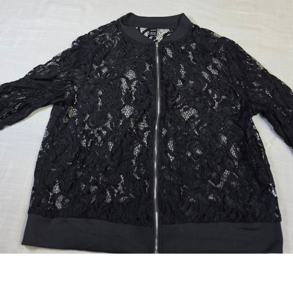 Ranlege Black Floral Lace Full Zip Bomber Jacket Sheer Lightweight XL